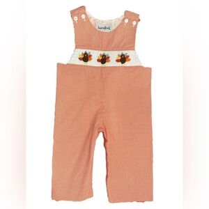 Rare Barefoot Smocked Thanksgiving Turkey Long Jon Jon Orange Gingham 12 Months
